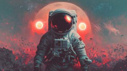 Mysterious Astronaut with a Glowing Red Helmet on an Unknown Planet