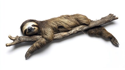Fototapeta premium Sloth resting on branch, white background, wildlife, nature