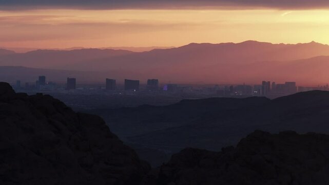 Sunrise drone aerials of the Las Vegas Skyline in the Nevada mountains and canyons