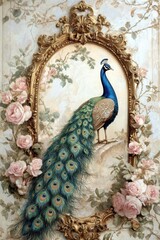 A painting of a peacock with a pink background and pink flowers