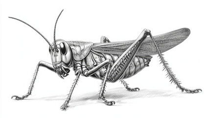 Detailed pencil drawing of a grasshopper, showcasing intricate anatomy