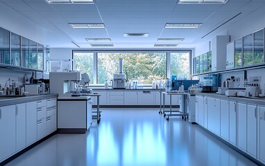 Advanced scientific laboratory with clean surfaces, hightech equipment, and a variety of lab instruments, modern, bright, and fully equipped workspace