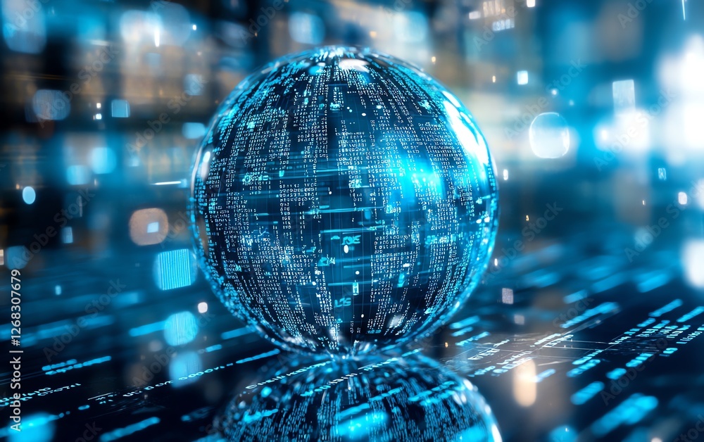 Poster blue glass globe surrounded by floating data blocks and lines of code on a white background, illustr