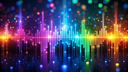 Obraz premium Vibrant Abstract Sound Waves: Colorful Light Bars & Glowing Particles - Minimalist Music Tech Stock Photo
