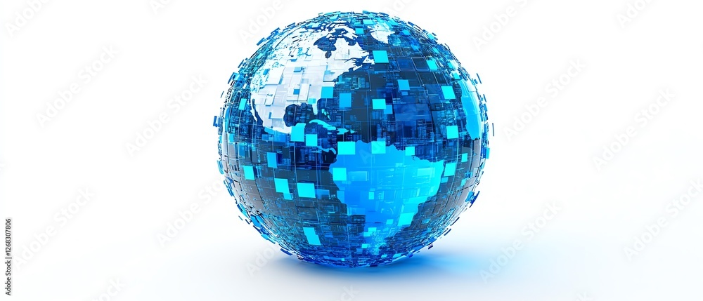 Poster blue glass globe with floating data blocks and lines of information on a white background, represent