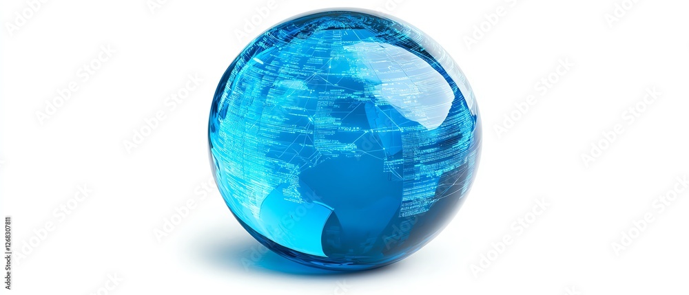 Poster blue glass globe with floating data blocks and lines of information on a white background, represent