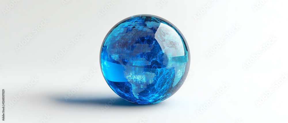 Poster blue glass globe with floating data blocks and lines of information on a white background, represent