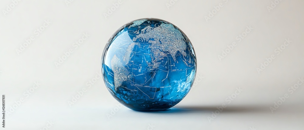 Poster blue glass globe with floating data blocks and lines of information on a white background, represent
