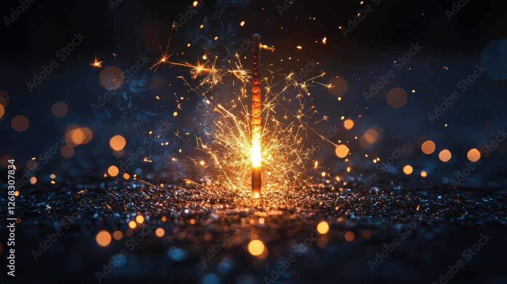 Poster a sparkler igniting, creating bright sparks in a dark setting.