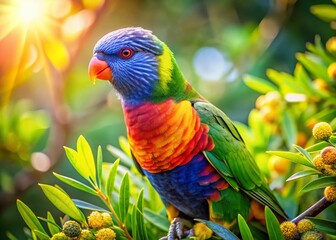 Vibrant Australian Rainbow Lorikeet Perched on a Branch, Lush Green Foliage Background
