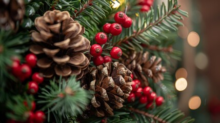 A close-up of a Christmas wreath with pinecones and berries