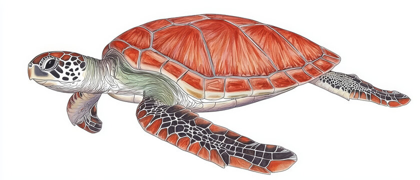 Detailed illustration of a sea turtle, showcasing its reddish-brown carapace and intricate shell pattern
