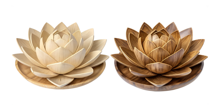 Lotus Leaf Wooden Art with Flower on White Surface, PNG Transparent