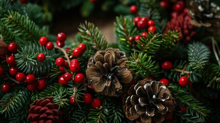 A close-up of a Christmas wreath with pinecones and berries