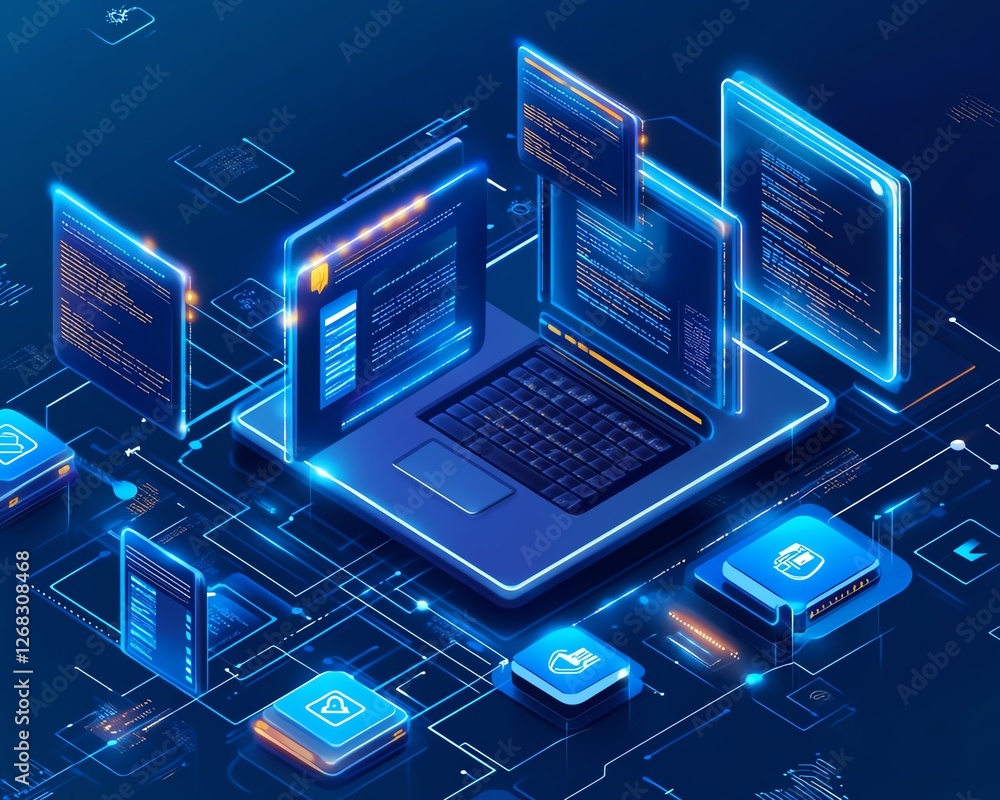 Poster compliance and governance depicted through advanced document management technologies, showing secure