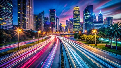 Fototapeta premium Vibrant City Lights Long Exposure Photography - Urban Night Skyline