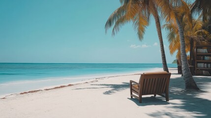 Tropical beach chair, ocean view, palm trees, book shelves, relaxation
