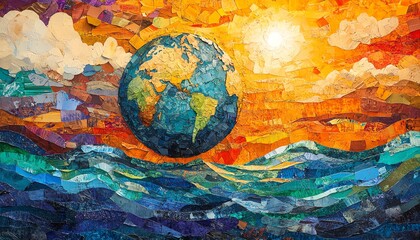 Paper collage art of the world and globe, featuring humanity and ecofriendly messages, vibrant and creative design for an educational project on sustainability