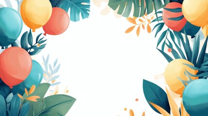 Colorful Celebration Background with Balloons and Tropical Leaves