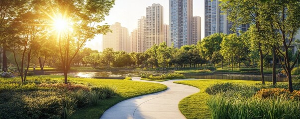 Sunrise path winds urban park, city backdrop
