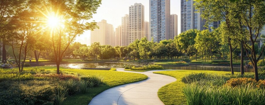 Fototapeta Sunrise path winds urban park, city backdrop