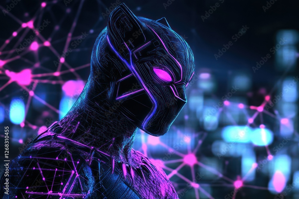 Poster black panther in a glowing plexus-style digital design, set on a neon black background with bright l
