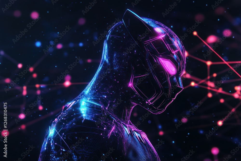 Poster black panther in a glowing plexus-style digital design, set on a neon black background with bright l