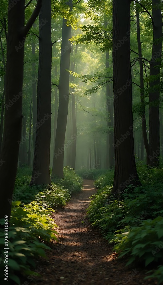 Aufkleber generative ai forest trail with sun rays streaming through the canopy