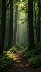 Obraz premium Generative AI Forest Trail with Sun Rays Streaming Through the Canopy