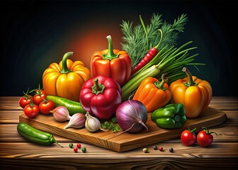Vibrant Line Art Vegetables on Rustic Wooden Board - Night Photography