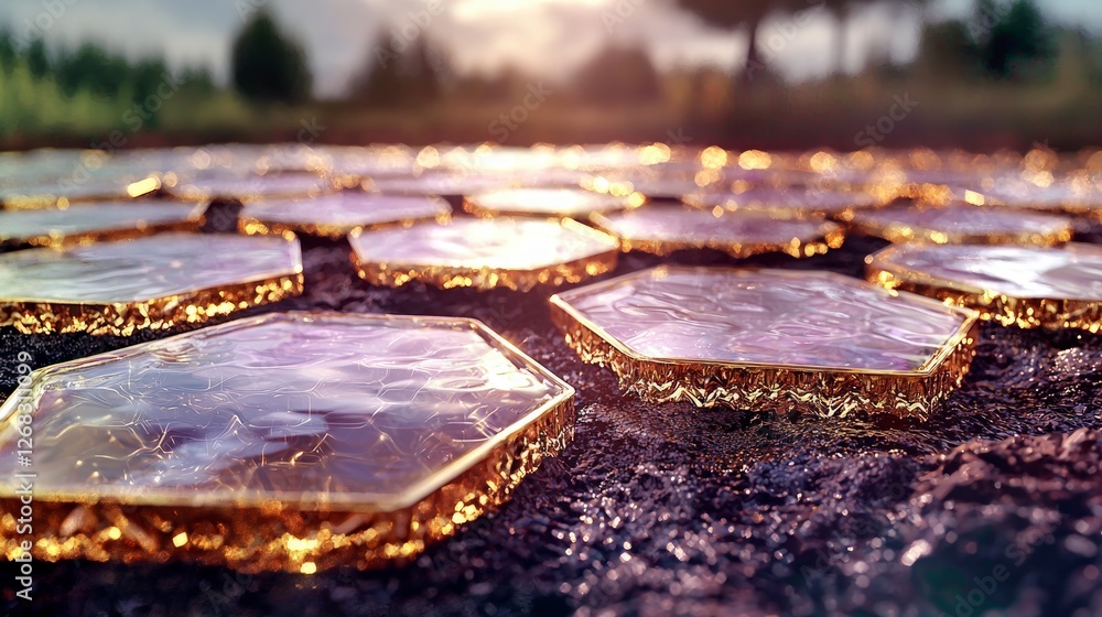 Poster golden hexagon pattern abstract ai art futuristic design bokeh light