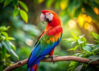 Vibrant Macaw Parrot Perched on Lush Green Branch - Tropical Bird Photography