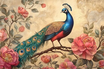 Botanical fine art wallpaper with colorful birds, graceful peacocks, and intricate flowers hand-drawn in a vintage ornamental style.
