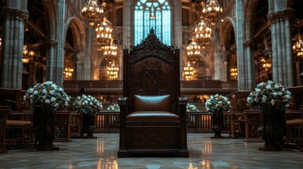 Fototapeta premium Majestic Throne in Grand Hall Intricate Carving Royal Seat Luxury Palace Church Inter