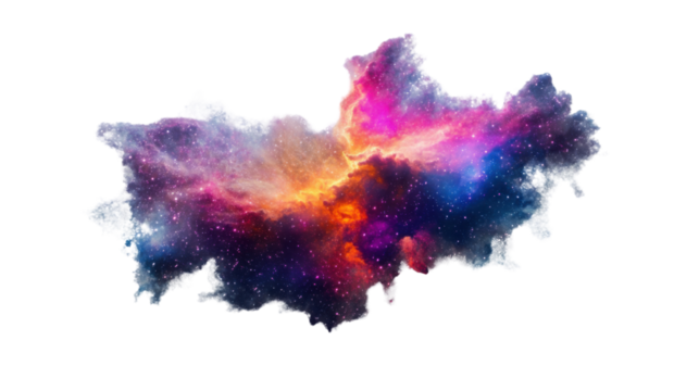 Colorful nebula cloud of gas and dust shining in space with transparent background