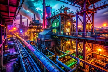 Vibrant Neon Industrial Night Scene: Colorful Lights & Steel