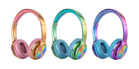 Set of Iridescent 3D Glossy Headphones with Smooth Finish, PNG Transparent