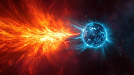 Fototapeta premium Fiery cosmic blast hitting icy planet, space background, game design