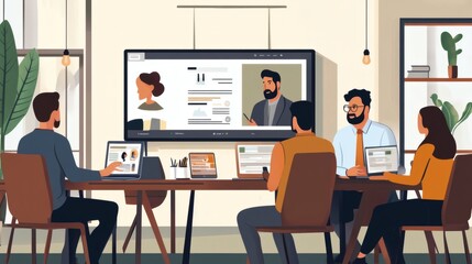 Team Collaboration in a Modern Office During a Virtual Meeting