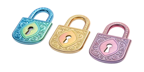 Set of Iridescent 3D Lock Icons with Gradient Colors for Cybersecurity, PNG Transparent