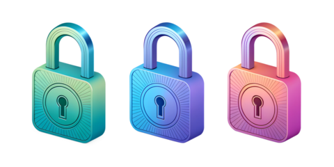 Set of Iridescent 3D Lock Icons in Gradients for Digital Protection, PNG Transparent