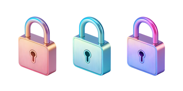 Iridescent 3D Lock Icon in Gradients for Modern Security Representation, PNG Transparent