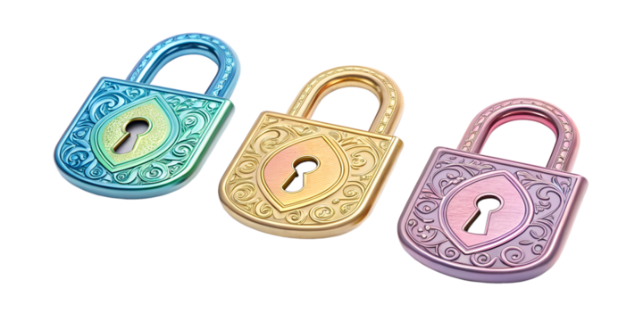 Set of Iridescent 3D Lock Icons with Gradient Colors for Cybersecurity, PNG Transparent