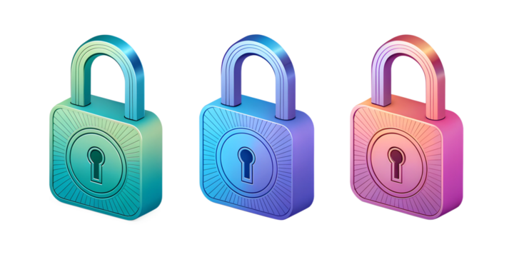 Set of Iridescent 3D Lock Icons in Gradients for Digital Protection, PNG Transparent