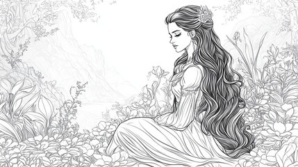 Fototapeta premium Elegant Woman Long Hair Garden Fantasy Art Line Drawing Black White Princess Fairytale Illustration Romantic Nature Scene Beautiful Lady Sitting 