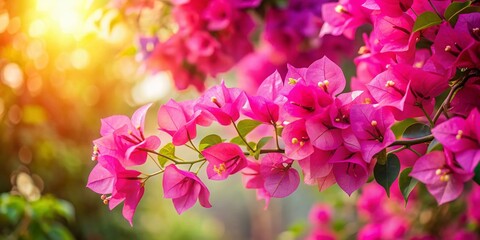 Fototapeta premium Vibrant Pink Bougainvillea Flowers Blooming, Copy Space, Right Composition