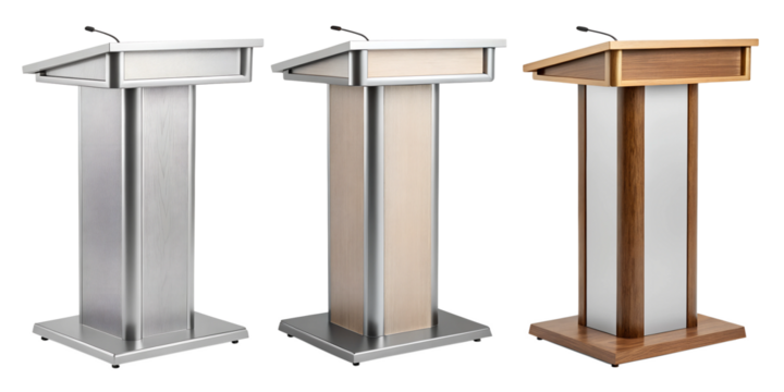 Set of Metal Podiums on White Surface for Modern Event Setup, PNG Transparent