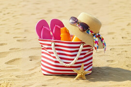 A striped beach bag filled with pink flip-flops, sunscreen bottles, and a sun hat, resting on sandy beach with a starfish nearby.