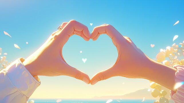 Father and son hands forming heart shape against sunny blue sky, vibrant father's day concept in high-resolution photography