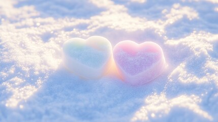 Fototapeta premium Two heart-shaped candies nestled in pristine white snow, symbolizing love and sweetness in a serene winter setting.